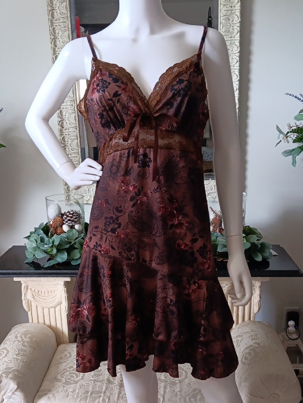 Brown Floral Satin Mini Dress or Satin Chemise. (One In The Same)